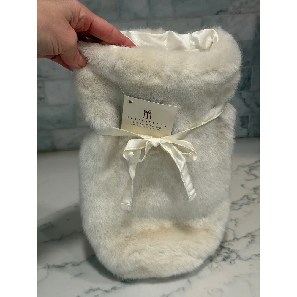 Pottery Barn Faux Fur Wine Bag Ivory Cream Gift Wrap Satin Ribbon NWT